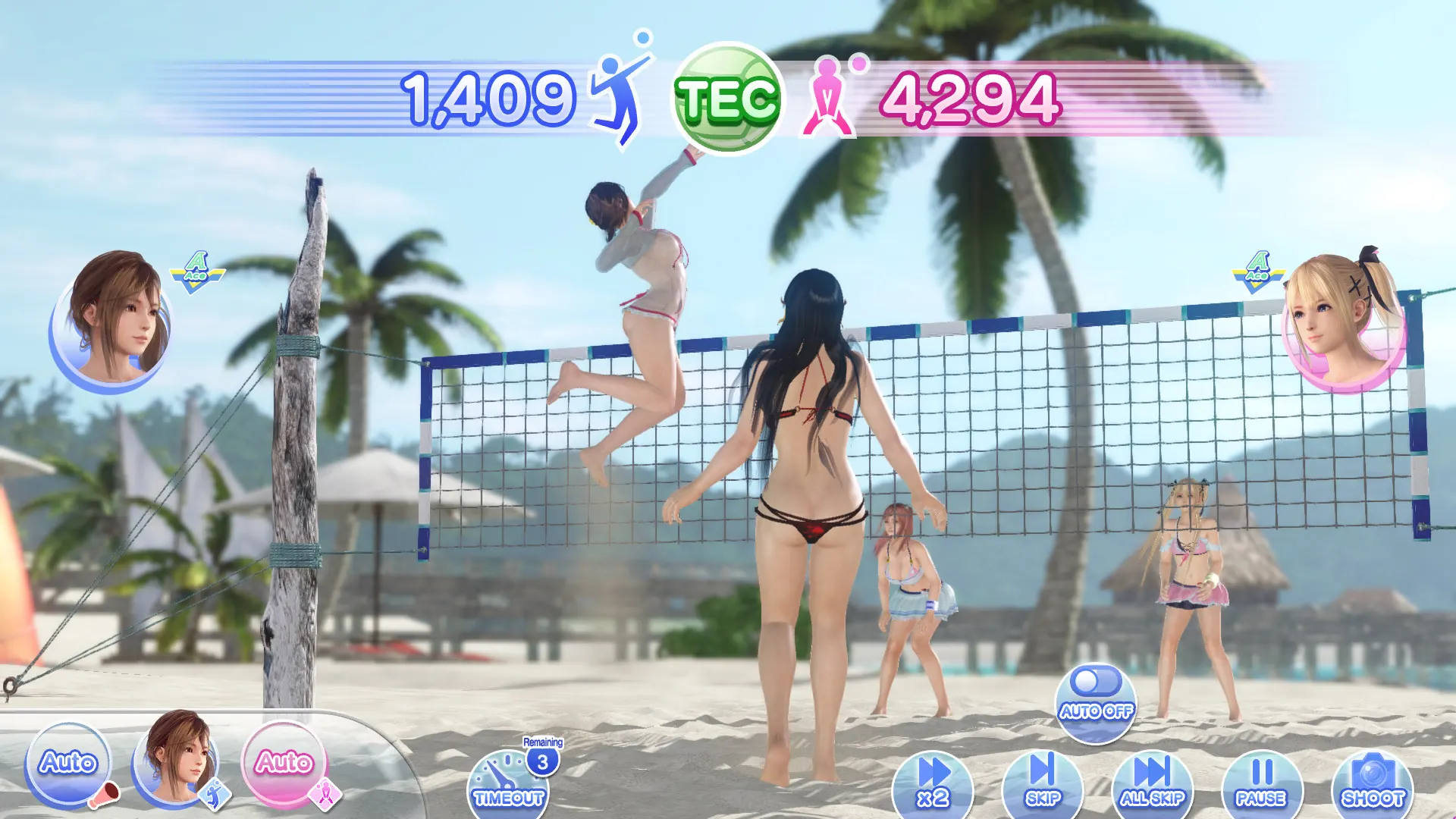 DOAXVV 海滩排球比赛实机界面与 TEC 技巧进攻数值